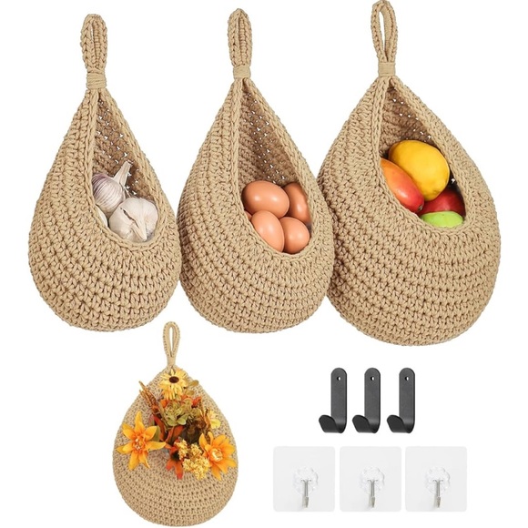 3 piece  Bohemian Hand-Woven Hanging Fruit & Vegetable Basket NEW - Picture 1 of 3
